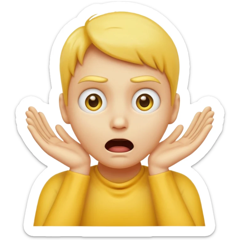 Yellow face emoji strangling itself with 2 arms crossed and hands saround neck and eyes looking up in fear sticker