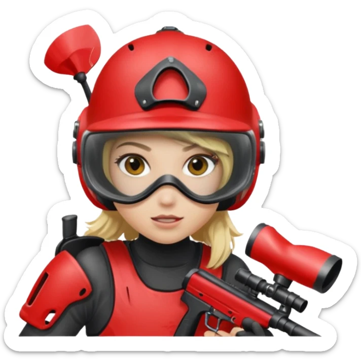 blond girl playing paintball with red paintball helmet sticker