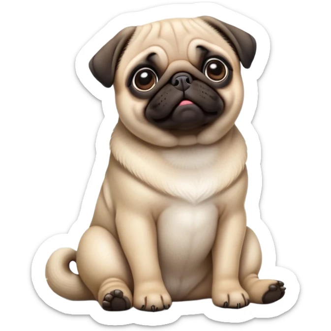 detailed-[cute pug]-realistic-full-body-sitting-emoji,-tail-resting-loosely-beside-its-paws,-head-tilted-dramatically, -sleek-fur,-simplified-yet-realistic-focused-features,-highly-detailed,-glowing-with-an-almost-sarcastic-glow sticker