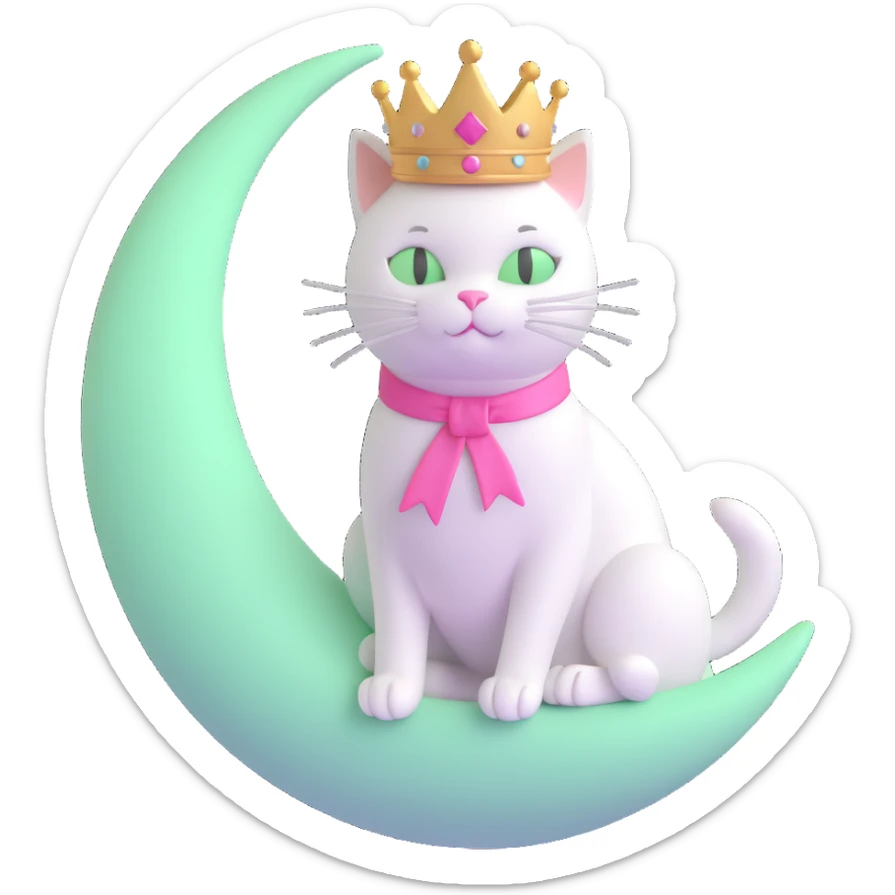 A white cat with a pink ribbon and a crown sitting on a pale green moon, in 3D emoji style, with a transparent background as requested. sticker