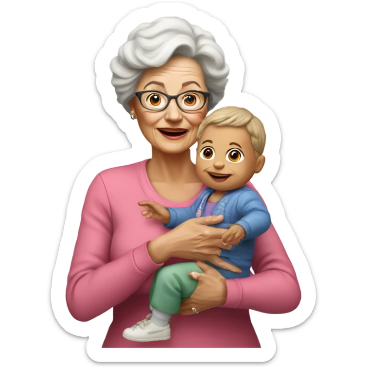 Create a 3d hyper realistic photo of a senior woman holding a toddler  sticker