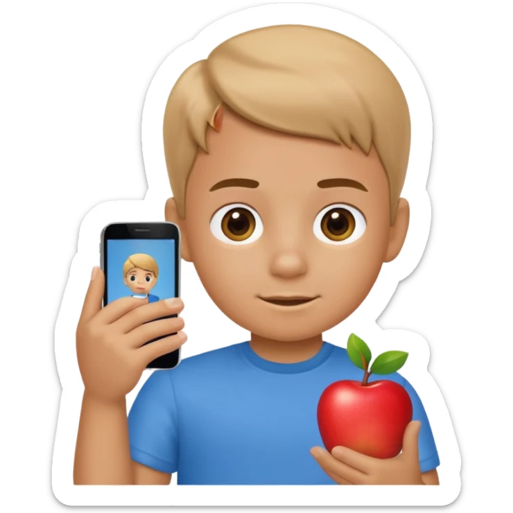 A little kid holding a phone, apple style emoji, wearing a blue shirt. sticker
