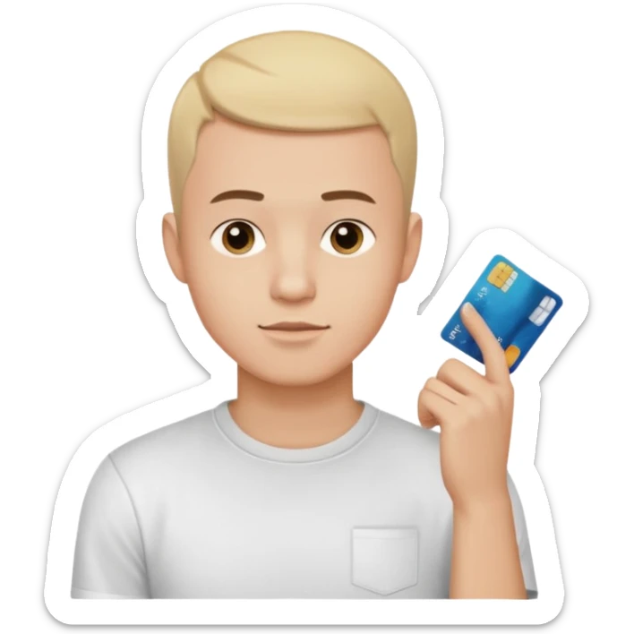 a 25 year old man thinking whit his hand forming an l shape on his chin whit short buzz cut hair whit a white t shirt and holding a credit card in his left hand make shure the card is medium sized so you can see it from a far make shure the caracther is big and a yellow background sticker