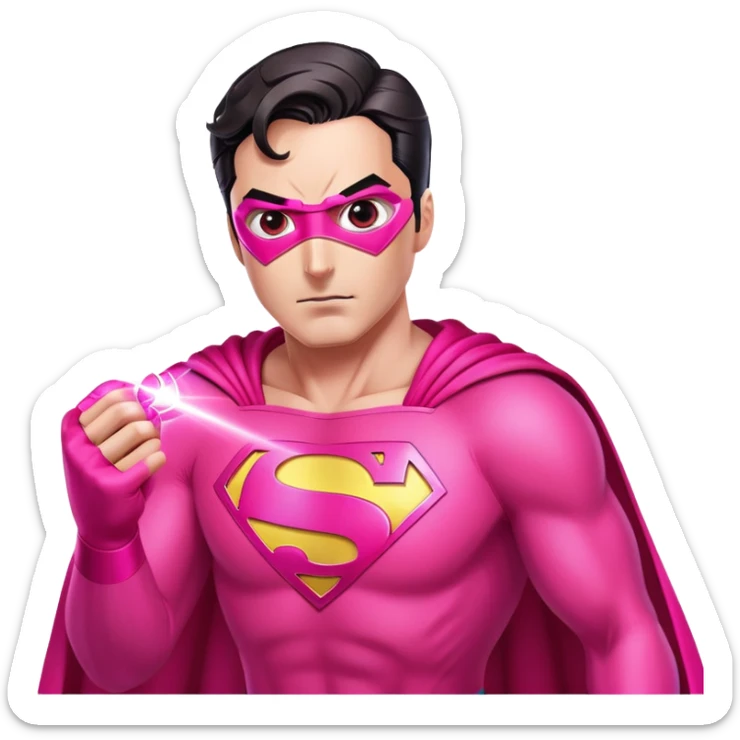 Create an image of Superman wearing a bright pink superhero suit. His eyes should be glowing intensely in bright pink, with powerful pink laser beams shooting outward from them. The focus should be on the laser effect coming directly from his eyes sticker