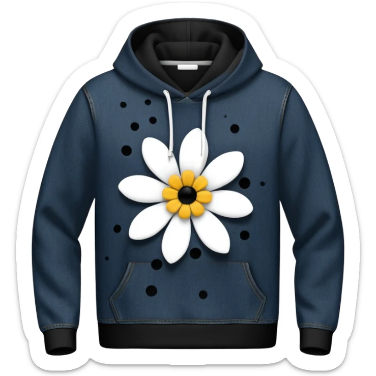 The BLACK Denim Tears Hoodie features a black base with distinctive white and black  open flower spots with empty space in the middle, These hollow ring-like patterns are scattered across. BLACK AND WHITE FLOWERS SPACED OUT FLOWERS AND NO DOTS sticker