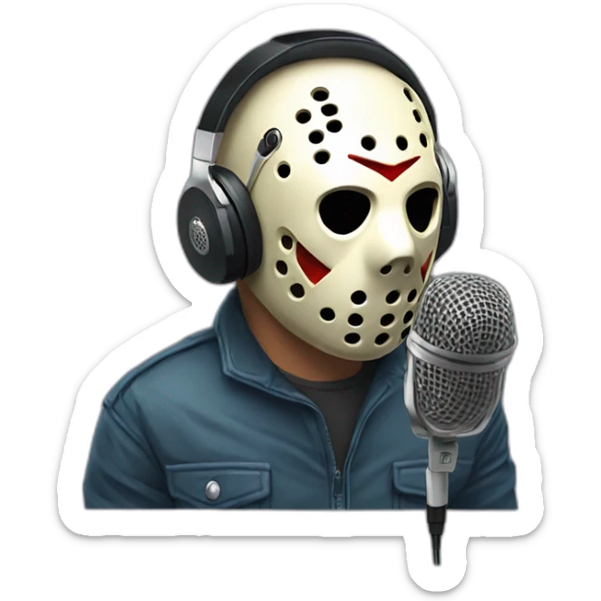Jason voorhees recording a podcast with a mic and headphones sticker