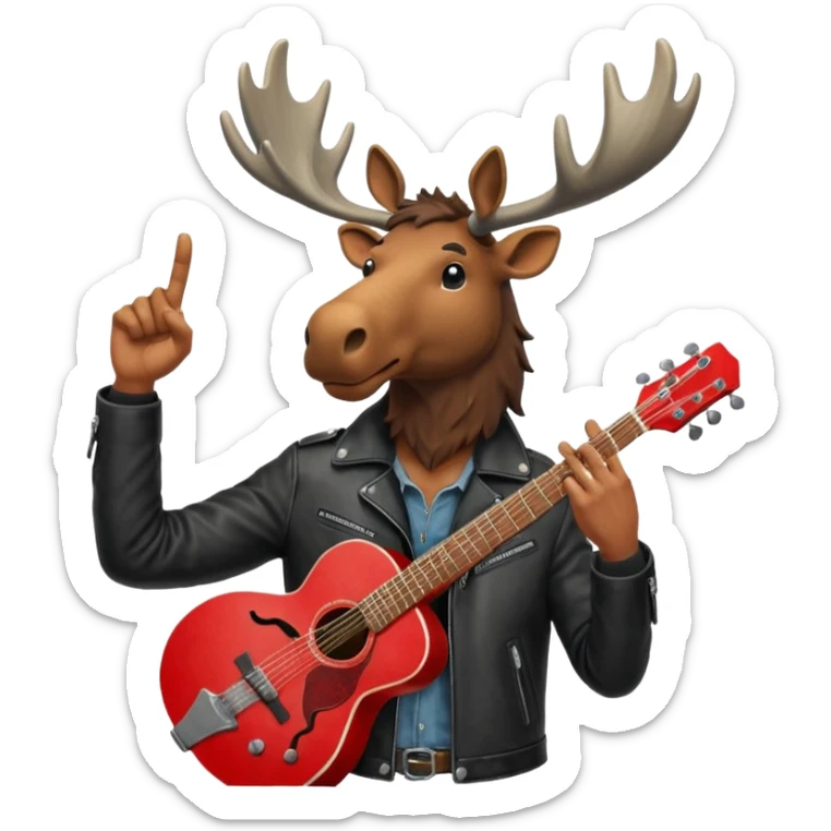 A man with a moose head in alaska pointing a red guitar directly up in the air. Make the graphics gritty and realistic like the moose man is a villian in a high budget batman movie. It needs to be 100 times more dark themed and realistic. Like your batman characters  sticker