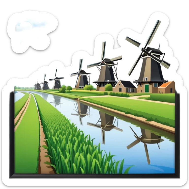 cinematic-realistic-kinderdijk-windmills-landmark-emoji,-showcasing-traditional-dutch-windmills-aligned-along-a-tranquil-canal,-with-lush-green-fields in a picture frame sticker
