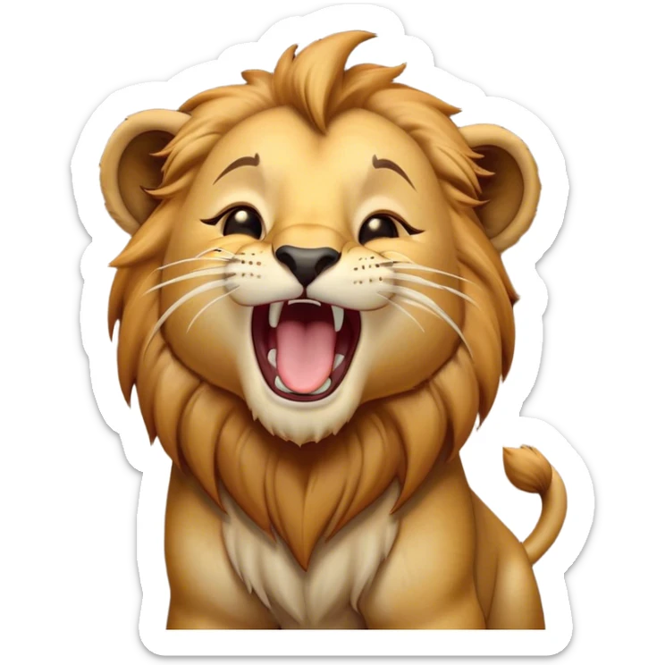 Cinematic Cute Yawning Lion Cub Portrait Emoji, Head tilted slightly with a dramatic, wide-open yawn, showcasing a soft, downy tawny Fur with a majestic mane, floppy ears slightly drooping, round amber eyes barely open in drowsy contentment, Simplified yet irresistibly adorable features, highly detailed, glowing with a soft, cozy glow, high shine, relaxed yet expressive, stylized with a touch of savannah whimsy, bright and endearing, soft glowing outline, capturing the essence of a sleepy yet affectionate Lion Cub, so drowsy it feels like it could stretch out of the screen and curl up for a nap! sticker