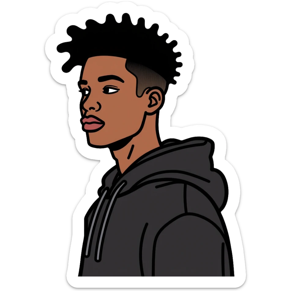 Black man with mid afro hairstyle wearing a black shirt and hoodie sticker