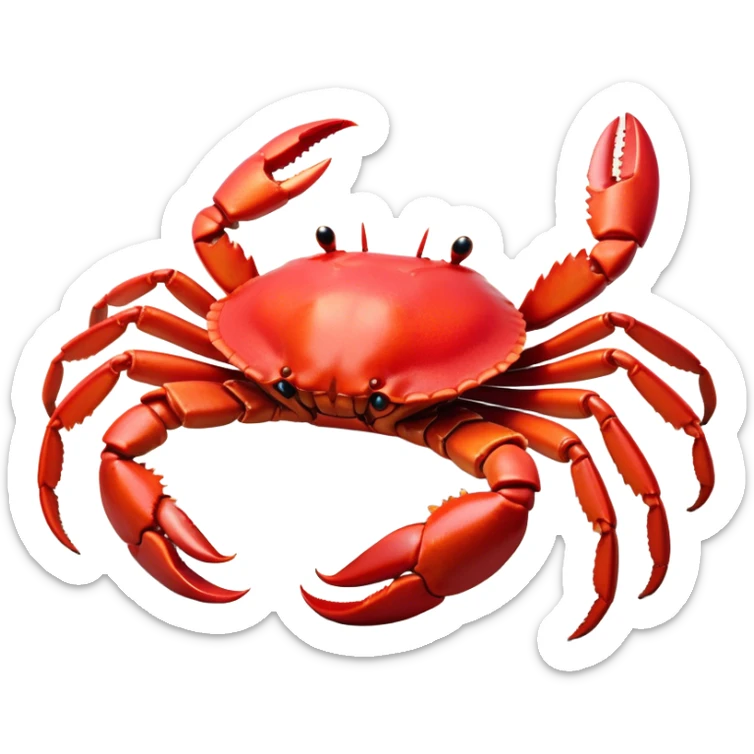 Cinematic Noble Red Crab Portrait Emoji, Poised and commanding, with a sturdy, angular exoskeleton of vivid scarlet red and sharply defined pincers, deep-set, intense eyes on stalks, Simplified yet sharp and sophisticated features, highly detailed, glowing with a soft, oceanic glow, high shine, intelligent and formidable, stylized with an air of coastal authority, focused and alert, soft glowing outline, capturing the essence of a watchful crustacean guardian that appears ready to scuttle out of the screen with determined power! sticker