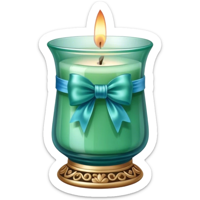 A soft blue candle in an ornate green glass holder, tied with a delicate satin blue bow. sticker
