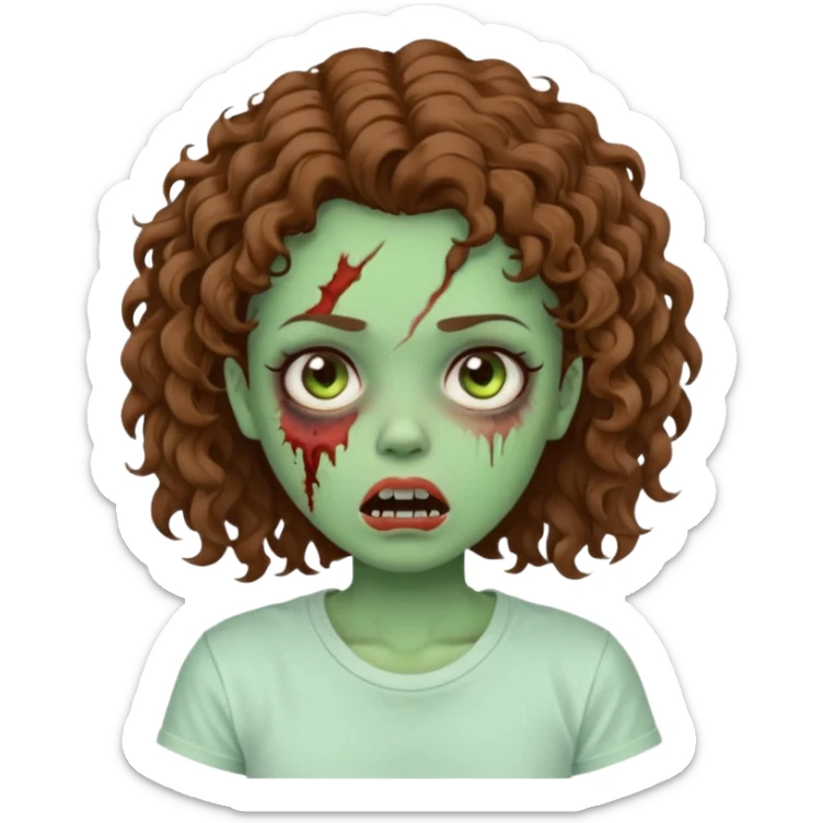 Zombie girl with curly brown hair como emoji de iphone y con la boca un poco lastimada haz que tenga una simple remera blanca puesta pero que sea zombie verde sticker