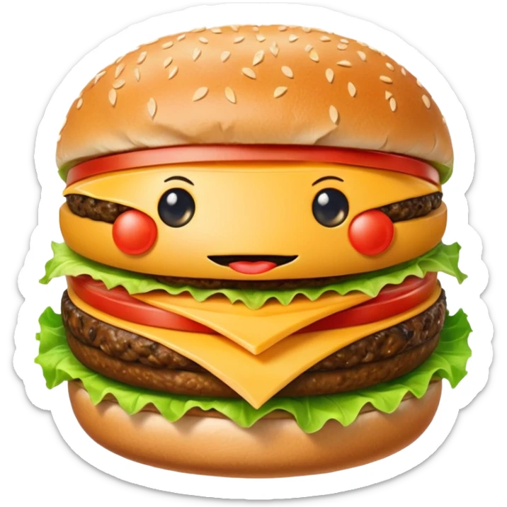 Create an image of a burger face with eyes and mouth pooping up in blue background sticker