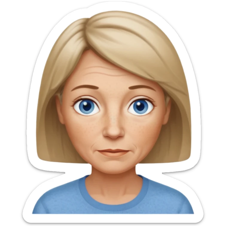 create a 57 year old woman. with short dark blonde hair. greyish blue eyes. some wrinkles and freckles. light skin. sticker