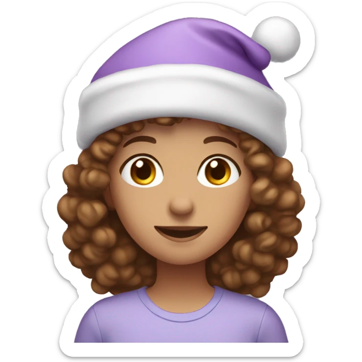 Girl with short brown curly hair and a light purple Christmas hat sticker