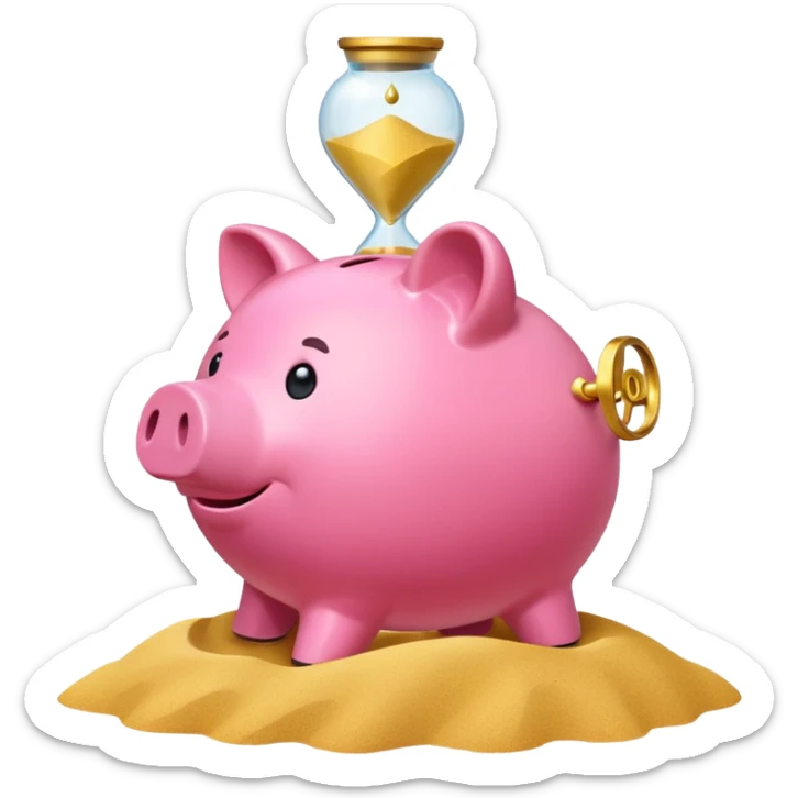 A minimalist emoji-style icon: A stylized piggy bank with a coin dropping into it, next to an hourglass. The hourglass symbolizes time and long-term savings for retirement. Simple shapes, flat bright colors, emoji-like design. sticker