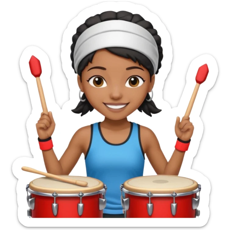 A black girl drummer with a sporty headband and clothes, tapping her drum rhythmically with a grin. sticker
