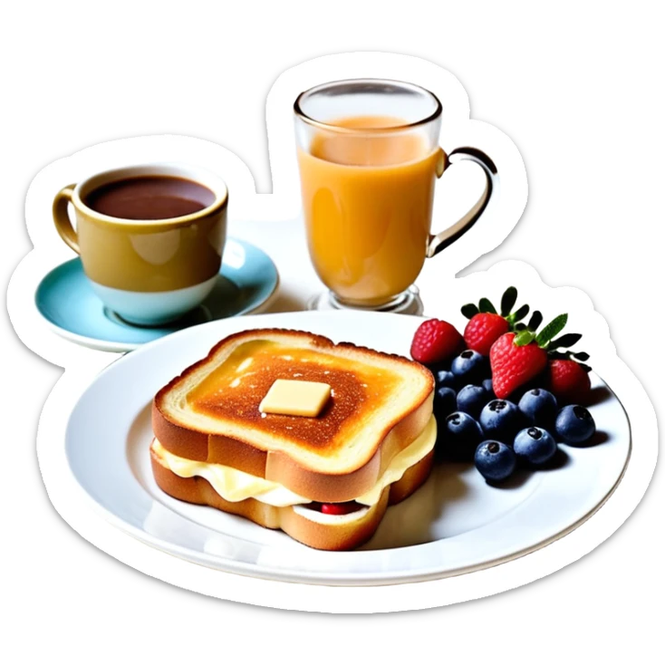Un joli plateau sur lequel repose un délicieux petit déjeuner composé d’un croque-monsieur croustillant, d’un bol de yaourt aux fruits, d’une tasse de chocolat chaud garnie de guimauves et d’un joli vase contenant deux fleurs d’hibiscus sticker