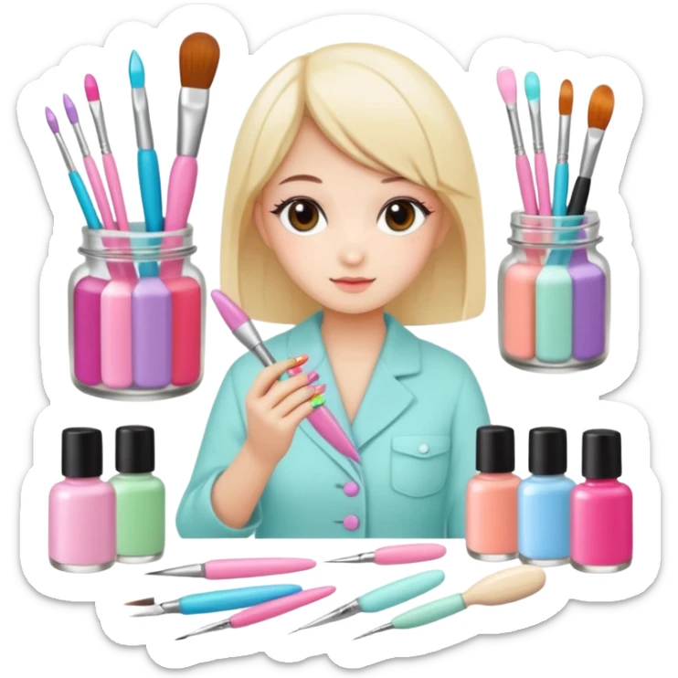 Minimalist nail art sticker pack featuring a cute female nail artist, nail tools like brushes and files, colorful nail polish bottles, small decorated nails, simple and clean design, pastel colors, kawaii style, delicate and charming, high-resolution, perfect for nail stickers sticker
