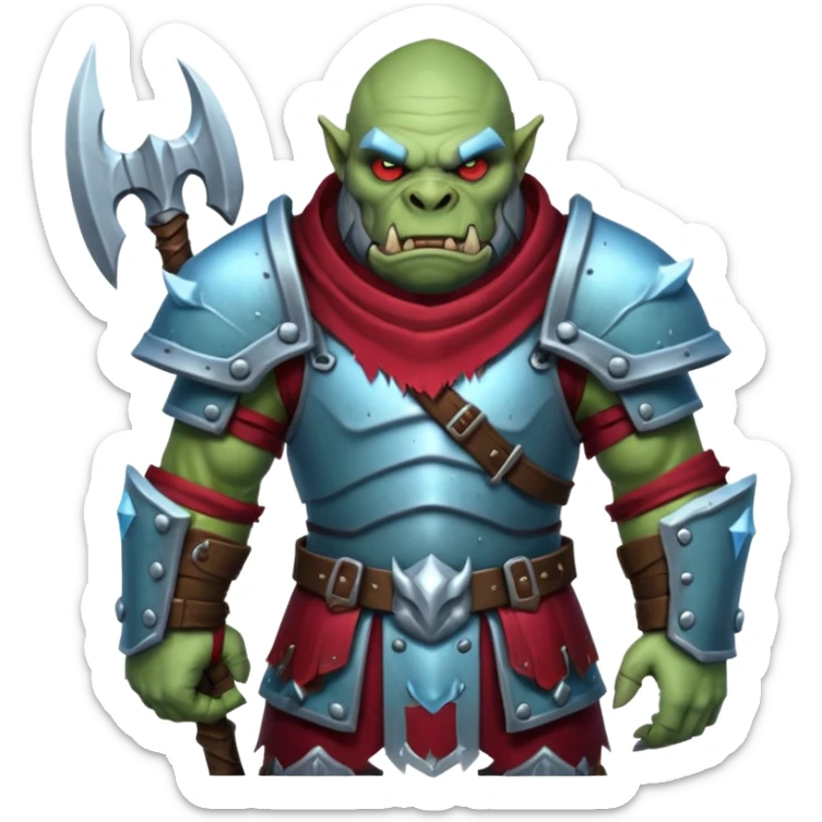 
Fantasy Christmas orc legion soldier icon, iron tundra army theme, heavy winter armor, disciplined brutal look, icy blue steel armor with deep crimson accents, frozen metal texture, cold winter atmosphere, male variant sticker
