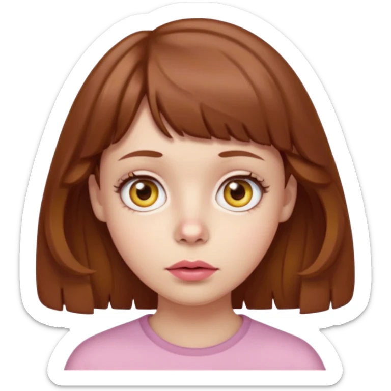 FAÇA UMA PERSONAGEM FOFA COM NARIZ DE BOLINHA AVERMELHADO CLARO E ZUMBI CABELO MARRON ONDULADO E FRANJA CURTA   COMO SE NÃO SOUBESSE OQ FEZ LÁBIOS CLAROS FECHADOS E OLHOS AMARELOS sticker