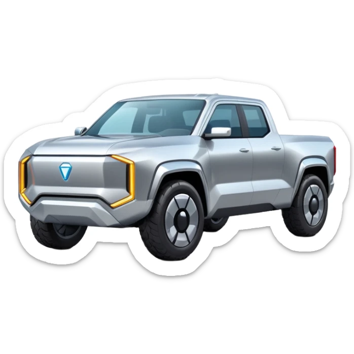 A futuristic electric pickup truck emoji, silver chrome body, angular cyber design, smooth metallic panels, subtle reflections, minimalistic proportions, iOS emoji style, centered composition, clean white background, soft lighting sticker