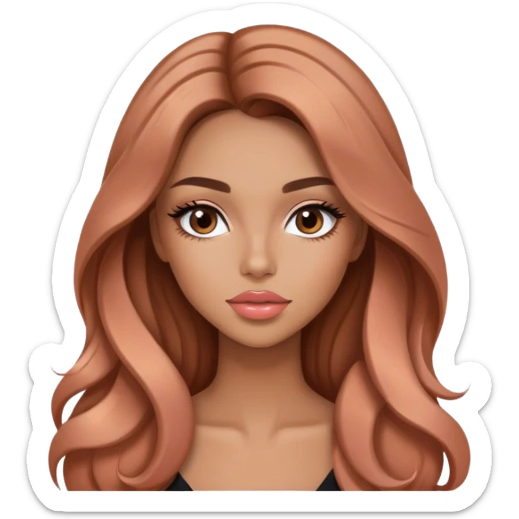 Glamours, tanned, very beautiful girl, with big pump peach-beige-rose lips, long long lashes, brown wavy smooth silky long hair, straight parting hair,with sticker