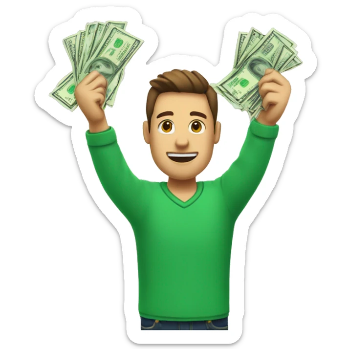 man who in this right hand hold money and it left hand hold a phone and he holds his hands up  and the money color green hands doesn't stick to each other sticker