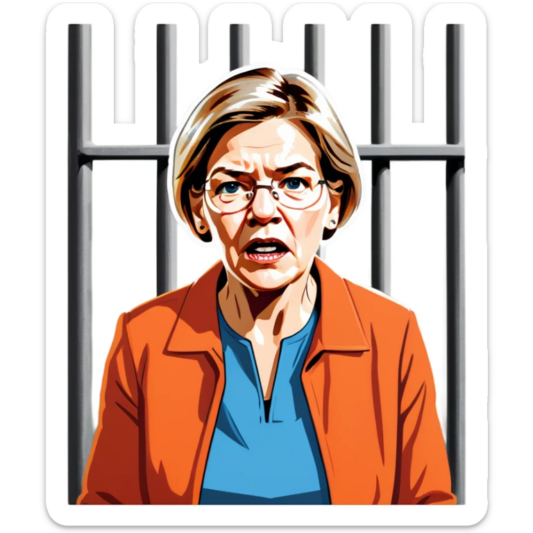 Make a picture of Senator Elizabeth Warren wearing an orange jumpsuit and behind bars make her look worried extremely worried like she just got sentenced more realistic sticker
