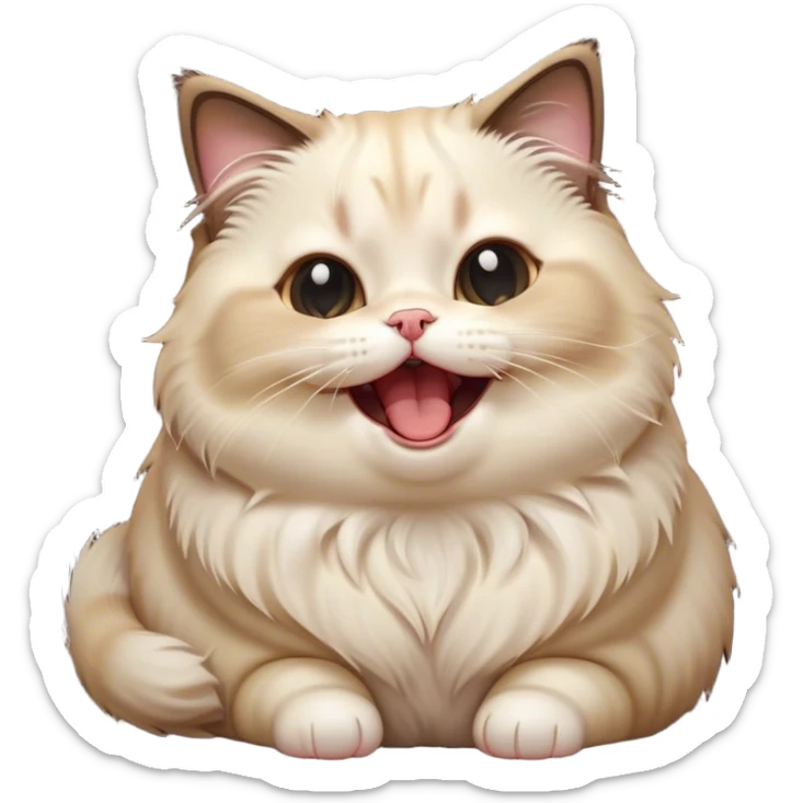 Cinematic Cute Chubby Ragdoll Cat Portrait Emoji, Head tilted playfully and yawning, round and plump body with soft, silky fur in a mix of light and darker points, Simplified yet adorable features, highly detailed, glowing with a warm, friendly glow, high shine, curious yet calm, stylized with a touch of whimsy, bright and endearing, soft glowing outline, capturing the essence of a mischievous yet loving and lazy kitty, so cute it feels like it could stretch out of the screen and cuddle! sticker