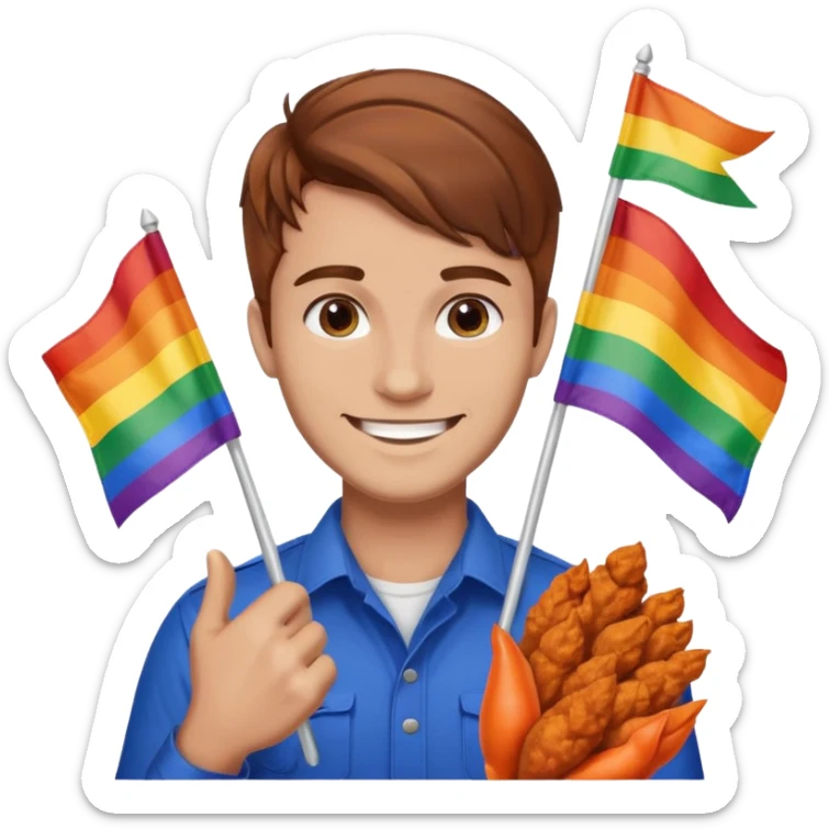 Guy with brown hair holding buffalo chicken and a gay pride flag sticker