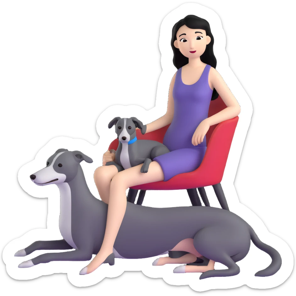 Very thin Chinese woman with long black hair relaxing in a luxurious hotel suite with exactly ONE whippet dog. EXTREME IMPORTANCE: the whippet must be ONE SOLID VERY DARK CHARCOAL GREY COLOR from nose to tail with ABSOLUTELY NO WHITE MARKINGS anywhere - NO white on face, NO white on muzzle, NO white on chest, NO white on paws, NO white on tail - NOTHING BUT A SINGLE SHADE OF VERY DARK GREY throughout the entire animal sticker