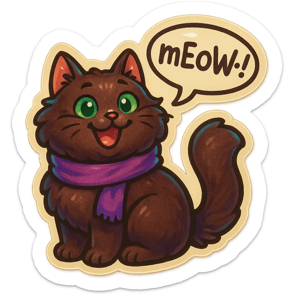 Fluffy cute derpy silly smiling happy dark-brown cat with green eyes and a purple scarf saying ‘mEoW~!’ (With a speech bubble) sticker