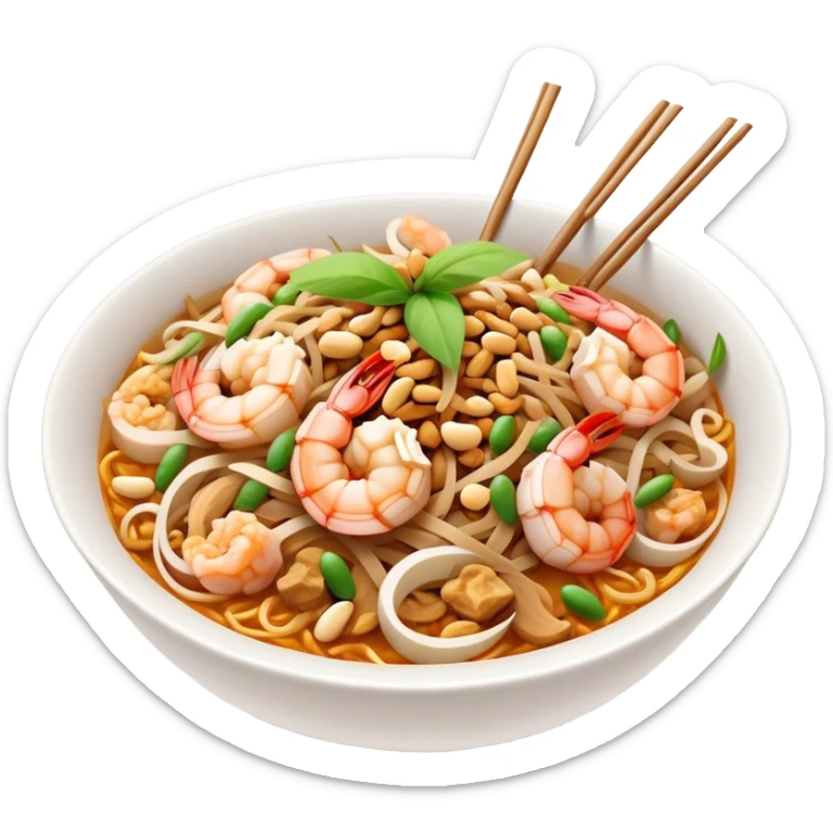 Cinematic Realistic Pad Thai Dish Emoji, depicted as stir-fried rice noodles with shrimp, tofu, peanuts, and bean sprouts rendered with vibrant textures and dynamic, appetizing lighting. sticker