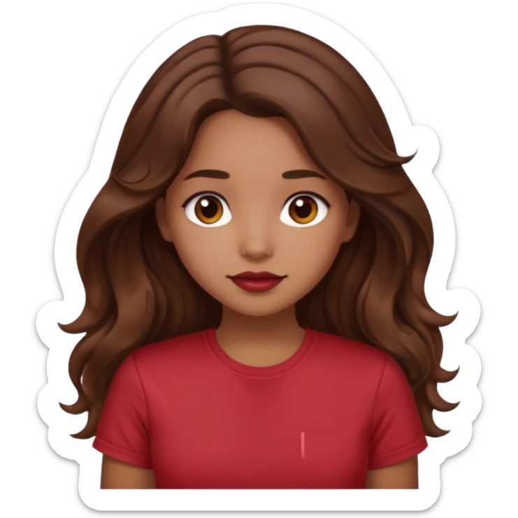 Light brown girl with long wavy brunette hair and blush, wearing dark red tshirt sticker
