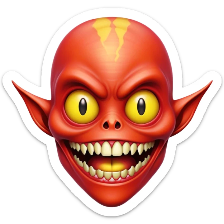Monster alien that is red with yellow shining on it and the monster alien has no eyes with crooked teeth sticker