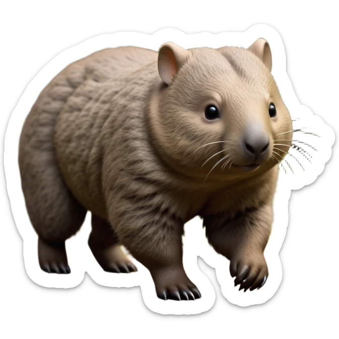 cinematic-wombat-realistic-full-body-waddling-emoji,-stout-muscular-frame-covered-in-coarse-brown-fur,-short-powerful-legs-trotting-determinedly-through-bushland,-round-dark-eyes-filled-with-calm-confidence,-tiny-rounded-ears-twitching-slightly,-strong-digging-claws-visible-on-sturdy-paws,-simplified-yet-realistic-focused-features,-highly-detailed,-glowing-with-a-subtle-earthy-glow sticker
