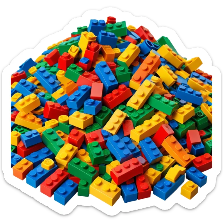 A photorealistic icon featuring a pile of colorful LEGO bricks scattered together in a messy heap. The design includes bright, detailed textures of the individual bricks, capturing the playful and creative essence of LEGO building. Transparent background, symbolizing LEGO construction. sticker