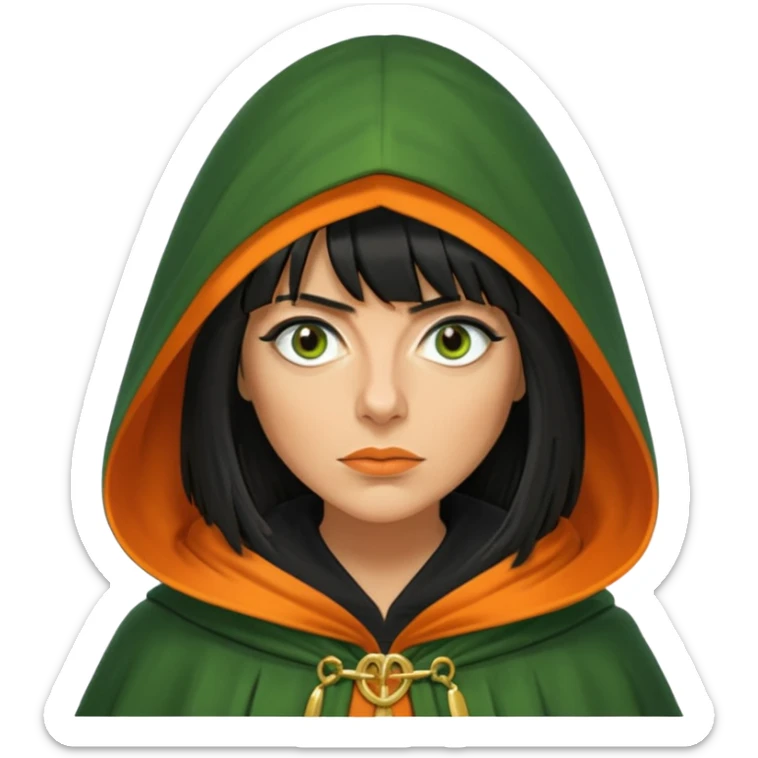 claudia winkleman with a heavy fringe and an orange tan as a traitor with a green hooded cloak with a gold clasp and dark black eyeliner sticker