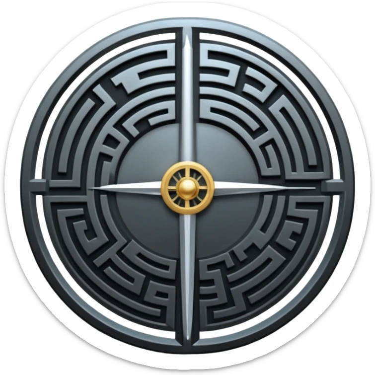 A vertical sword in the center of a circular maze, inside of which is embedded a thin astrolabe. The lines are strict, geometric, and symmetrical. The material is a dark metal (antimonium). The style is a minimalistic alchemical sign. sticker