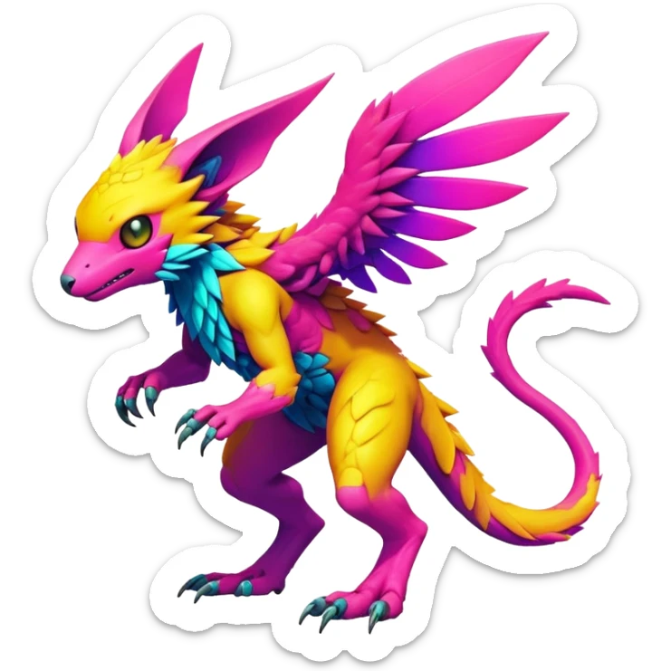 Tropical lush warm-colored modern colorful neon-colored cyber-Fakémon-Digimon-Trico-Vernid-creature sticker