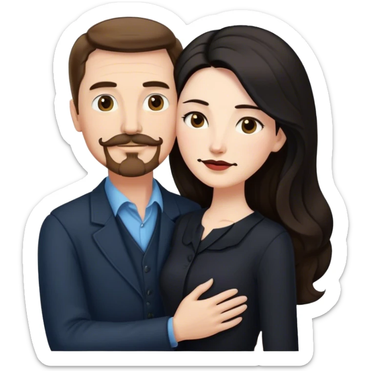 middle aged couple, tall white man with brown hair goatee mustache hugging a pale woman with long black hair, wearing elegant clothing sticker