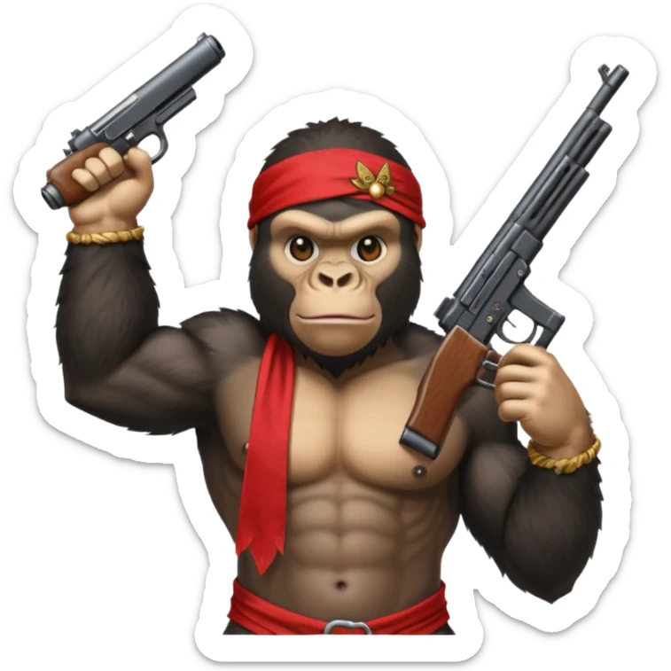 A gorilla holding a gun in the air with a bandana  sticker