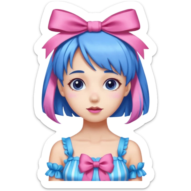 candy girl from candyland blue pink mixed hair with ribbon  sticker