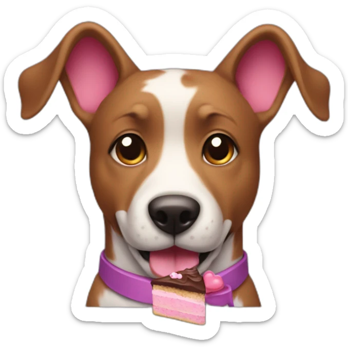a purple dog with a brown nose and a pink collar with a bone eat cake sticker