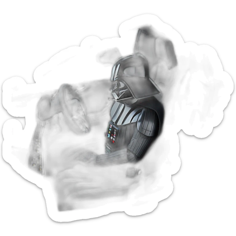 Darth Vader at the wheel of an open top all black Tesla Model 3, grey interior, view form outside sticker