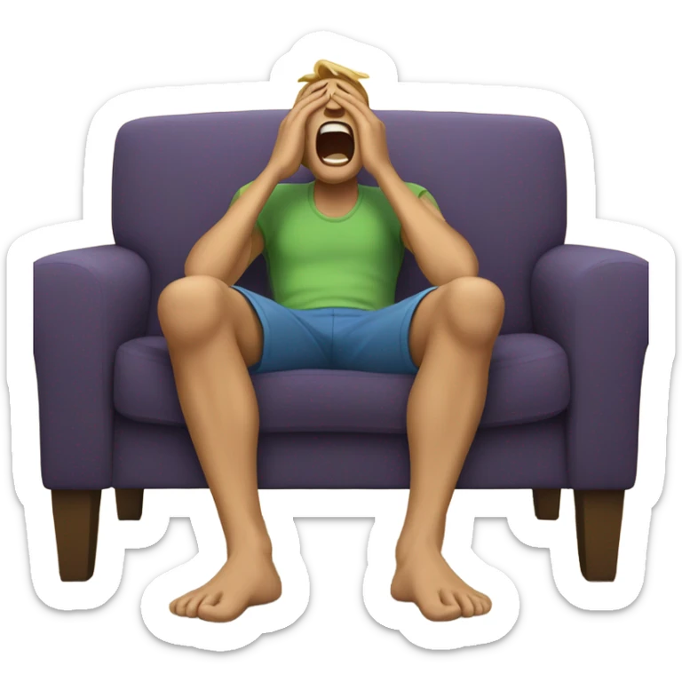 Man on a couch screaming in agony without shoes with very big feet sticker