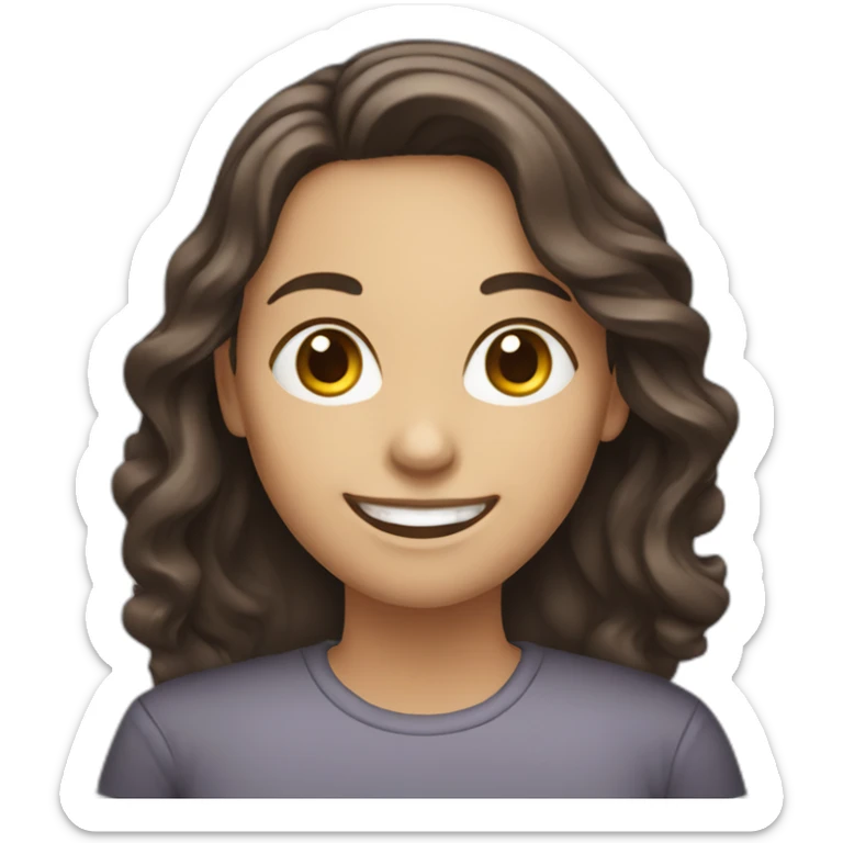 smiling woman with wavy long dark brown hair, typing on a silver laptop sticker