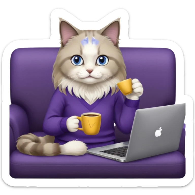 a cute blue eyed brown and white ragdoll cat with white paws and brown and beige tail wearing the dark violet sweater with yellow letteting "Milena" sitting on a grey sofa with grey laptop branded lettering "Lenovo", it` not brand Apple - only Lenovo and drinking coffee sticker
